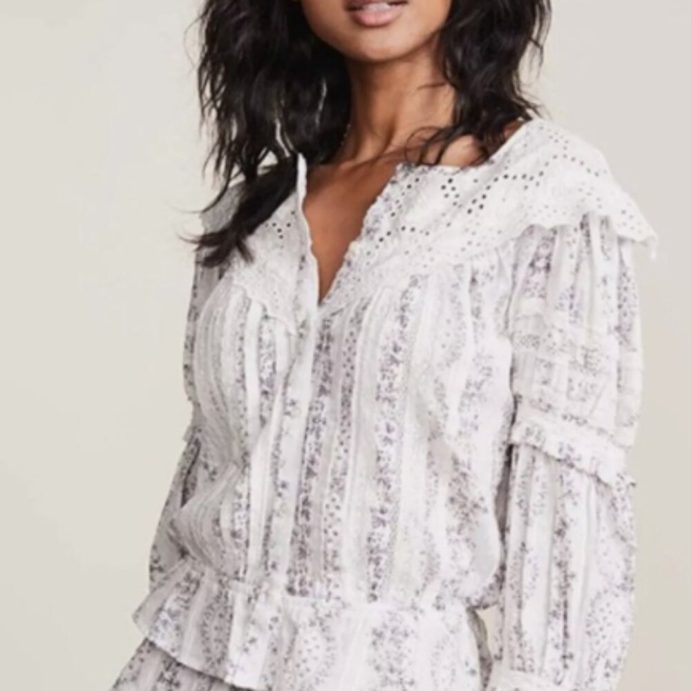 LoveShackFancy Floral Victoria Eyelet Blouse in Purple and White "Alaine"